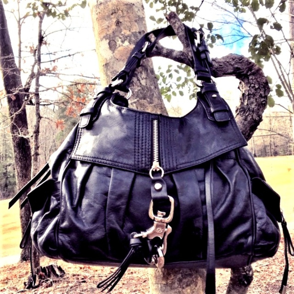 Italian Designer Francesco Biasia Black Leather Hobo Punk Biker Handbag Purse